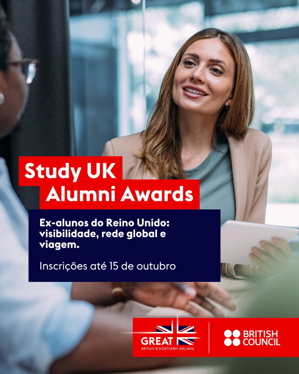 brBritish's tweet photo. ⏰ ÚLTIMA SEMANA: as inscrições para os Study UK Alumni Awards 2027 fecham em 15 de outubro.

Estudou no Reino Unido e gera impacto na sua carreira, na sua comunidade ou na sua área de atuação? Sua história merece ser reconhecida, e o tempo está acabando.

No Brasil, uma única inscrição coloca você na disputa pelo prêmio nacional e pelo Global Alumni Awards.

✨ O que você ganha ao se inscrever:
📣 Visibilidade: sua história é divulgada online e na mídia
🤝 Rede global: uma comunidade de ex-alunos que costuma gerar colaborações reais
✈️ Reino Unido: vencedores globais viajam ao país em 2027

São quatro categorias:
💼 Negócios e Inovação
🎭 Cultura, Criatividade e Esporte
🔬 Ciência e Sustentabilidade
🌍 Ação Social

E você não precisa de uma conquista estrondosa. Só de uma história clara sobre o seu impacto.

Estudou no Reino Unido entre 2011 e 2026 e vive fora do país? Você pode se inscrever.

⏳ Não deixe para a última hora: as inscrições terminam em 15 de outubro, às 13h00 (horário de Brasília).

👉 Inscreva-se agora: https://t.co/TSjY1g70t4