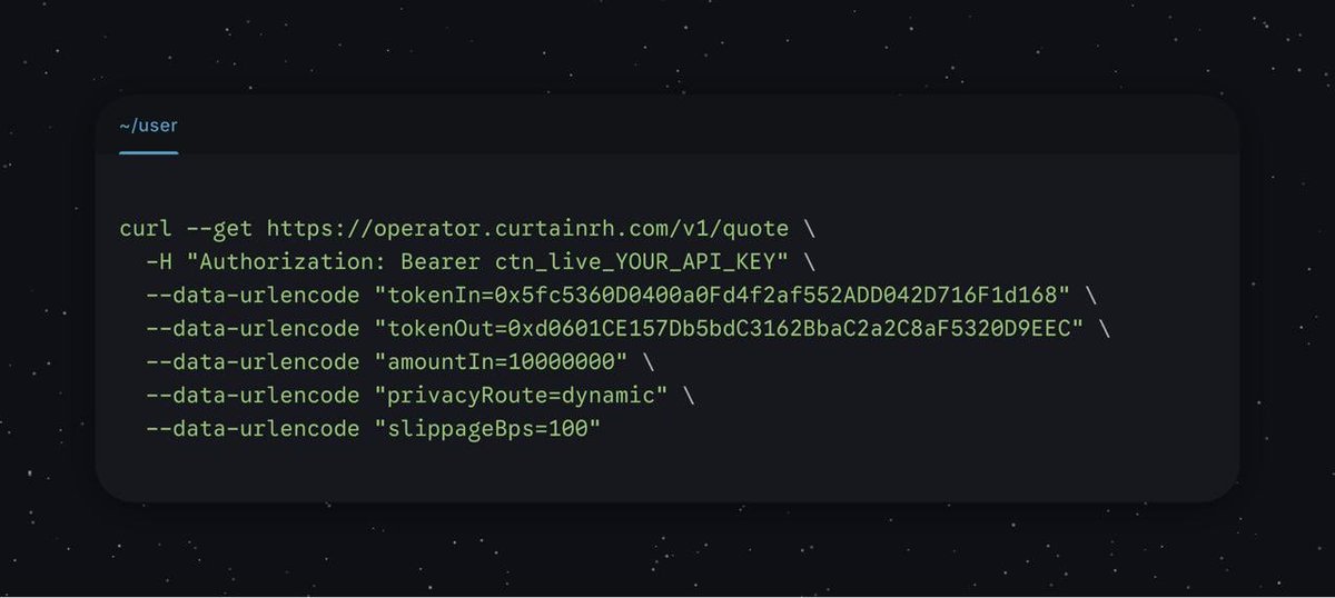 CurtainsPrivacy's tweet photo. Developer API performance update.

Curtain now builds its V2 and V3 token allowlists, plus V3 fixed-denomination data, once at startup instead of rebuilding them on every quote or intent request.

Less address normalization. Less allocation work. A leaner request path for V2, V3, and Dynamic Privacy integrations.

The routing logic stays the same:

• Approved fixed denominations use V3  
• Any other amount uses V2  

Same API and same routing guarantees, with less overhead for every request.

https://t.co/X6HX5uIqK9