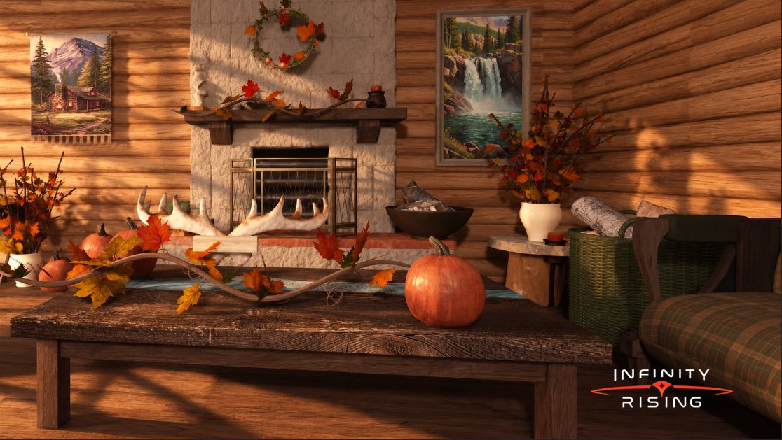 InfinityRisingX's tweet photo. Two kits, one season. Blend the Fall Harvest Building Kit and the Modern Log Cabin Kit into an apartment that screams fall. Rustic retreat or cozy overload, your call. Build and submit before Oct 31. https://t.co/scy0VNXlx6 #infinityrising https://t.co/5fzOKtAYJl
