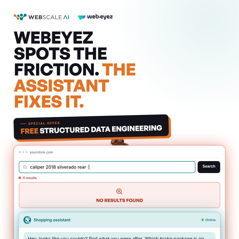 WebscaleNet's tweet photo. The friction you’re not measuring before BFCM:
Failed search.
Comparison confusion.
Checkout hesitation.

Webeyez catches the signal. Our AI Shopping Assistant steps in while the shopper is still there. https://t.co/HWwG3jf5mV
