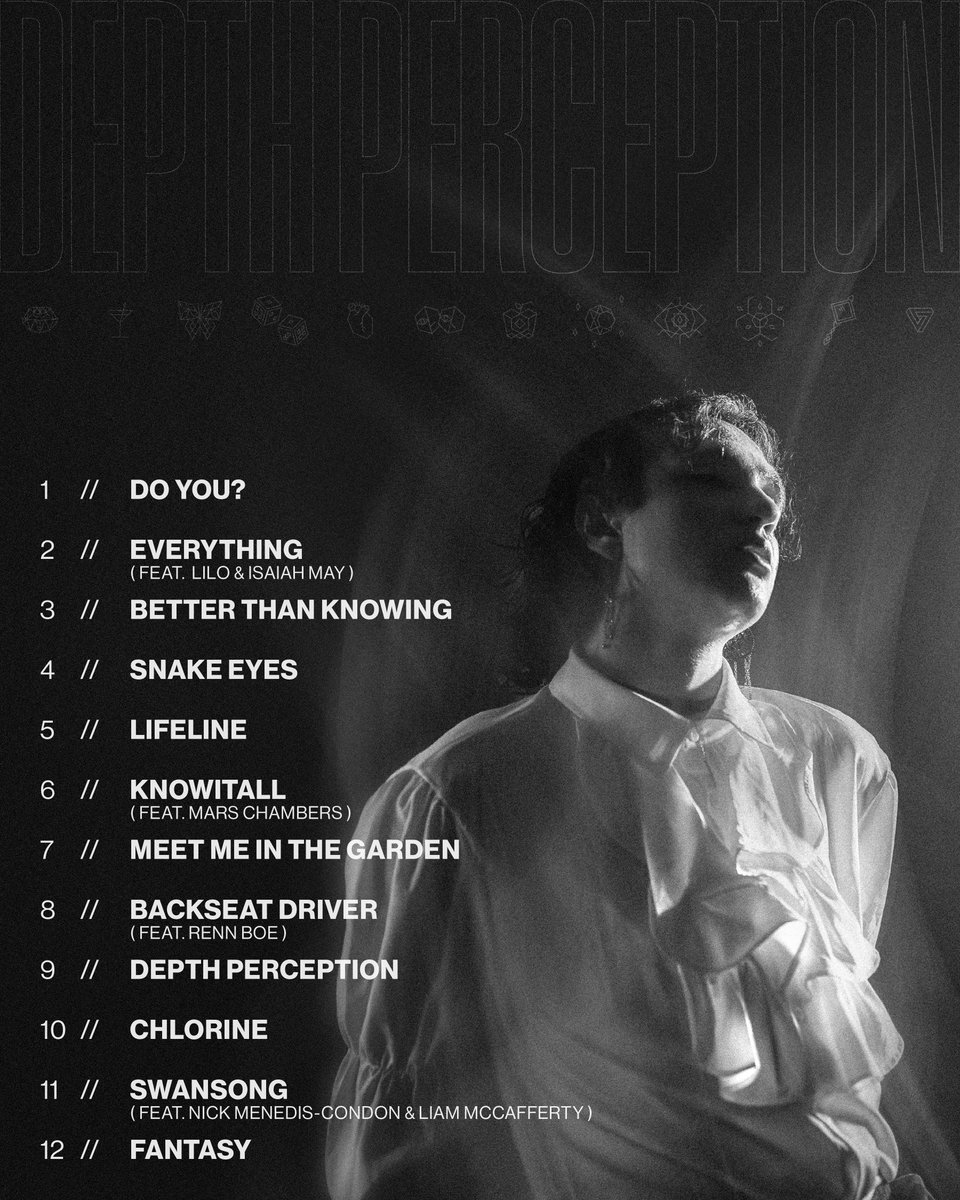 cerussis_music's tweet photo. DEPTH PERCEPTION OFFICIAL TRACKLIST REVEAL!!!
Some of my favorite songs I have ever had the pleasure of working on. Which track are you most excited for…?
📸/🎨 - Liam McCafferty
#newmusic #tracklist #album #indiepop #music https://t.co/Mznsw4Hbnw