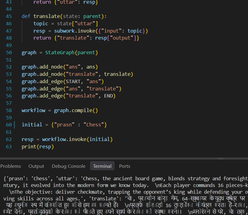 1500mcg's tweet photo. And Today...
✅Learned Sub Graphs in #LangGraph and made a simple translator, the translation is happening in the parent graph node which invokes the subgraph. 
✅Also deep dived in how inMemorySaver works.

#GenAI #Python #100daysofcode #AIML https://t.co/OJJeSk30vU