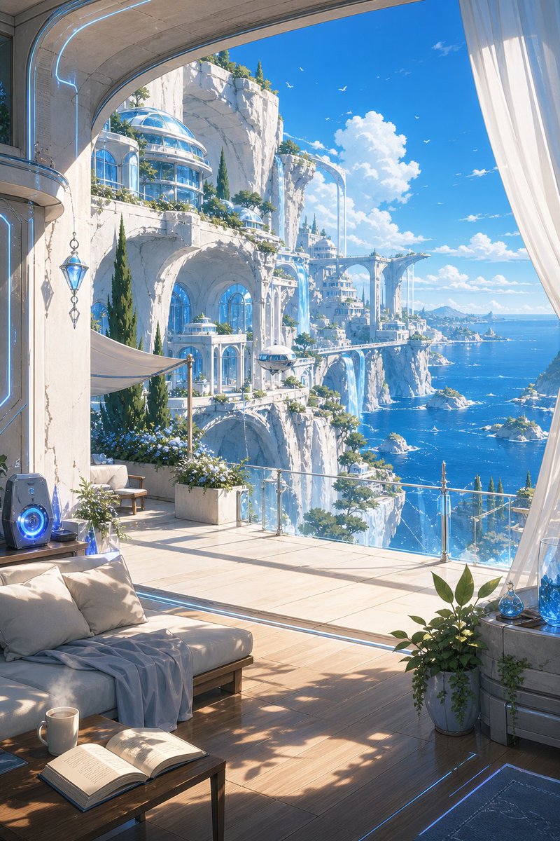 LofivibesbyGZU's tweet photo. Wander through a city of white cliffs, floating gardens, and endless blue. 🌊✨
Every bridge reveals a new view; every terrace invites you to linger.
Where would you stop to enjoy the sea breeze?
#FantasyArt #AnimeArt #Solarpunk #CozyFantasy https://t.co/7EUMFG1lIr