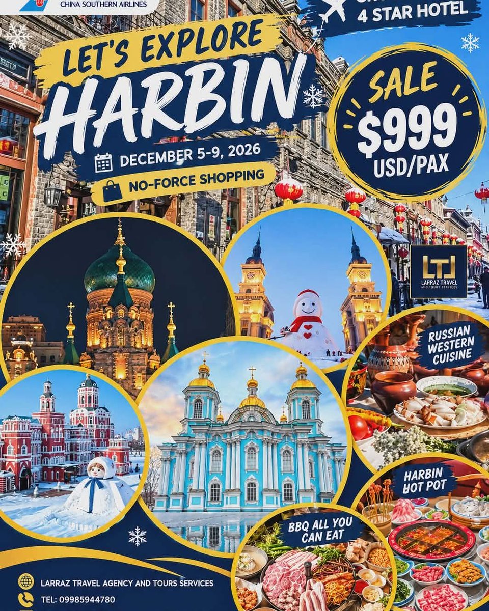 FKazmac's tweet photo. Explore Harbin’s winter magic this December 5–9, 2026. Enjoy snowy attractions, hot pot, unlimited BBQ, Russian-Western cuisine, a 4-star hotel, group visa, and no forced shopping. Sale price: USD 999 per person. Limited slots available. https://t.co/MUtYZYuFtq