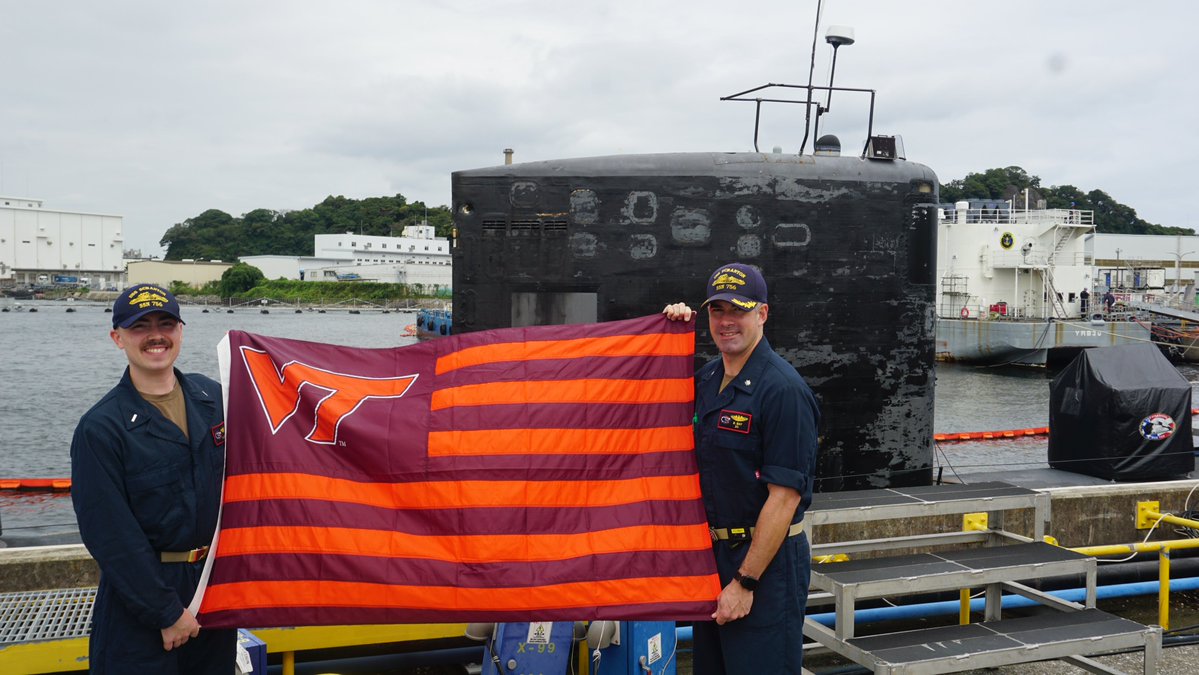 VTCorpsofCadets's tweet photo. Shout out to our California game Hokie Heroes! Cmdr. Michael May '10 and Lt. j.g. William Albertson '23 are both deployed to the western Pacific theater onboard USS Scranton where May serves as the executive officer, and Albertson serves as the electrical assistant. Ut Prosim! https://t.co/UNcJhH5B8D