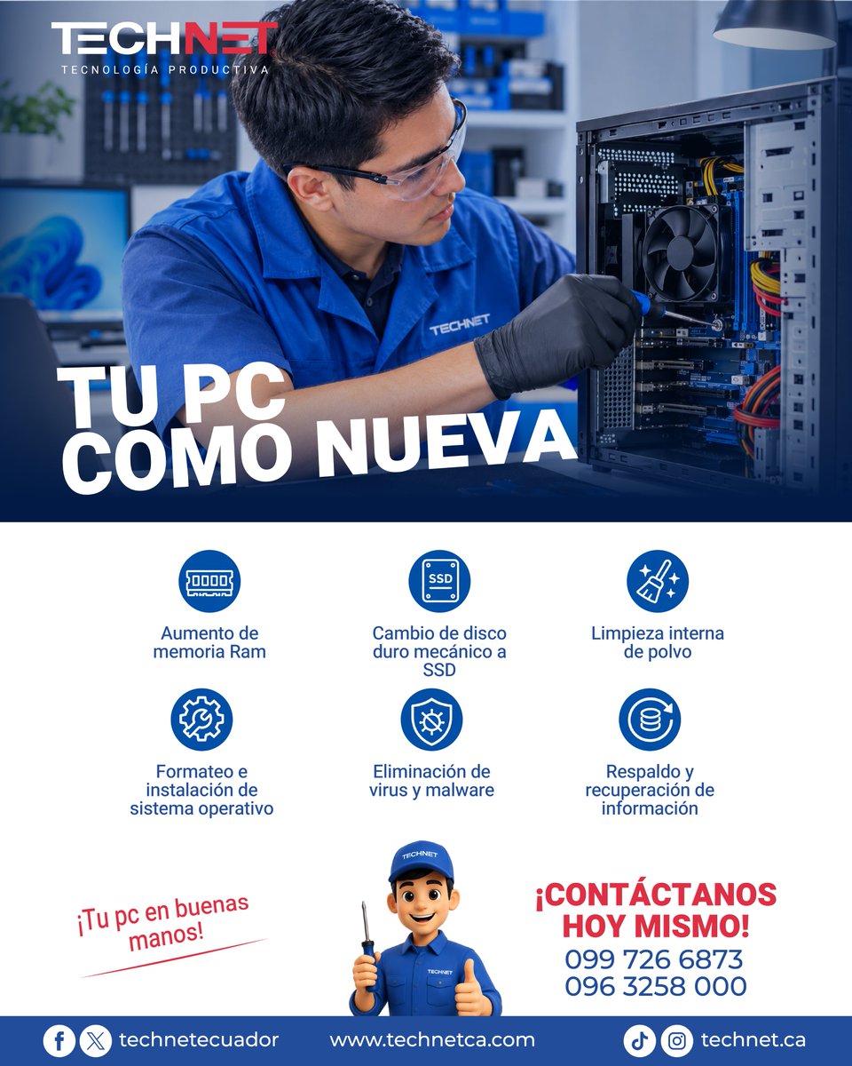 TechNetEcuador's tweet photo. 💻🔧 ¡Tu PC como nueva con TechNet! 🚀

Dale a tu computadora el #cuidado que necesita con nuestros servicios de mantenimiento y reparación

📞 ¡Contáctanos hoy mismo!
📱 099 726 6873 | 096 325 8000
📧 ventas01@technetca.com
📍 C.C. Las Vitrinas, 2do Piso, Oficina 66. https://t.co/dbdqqePgmY