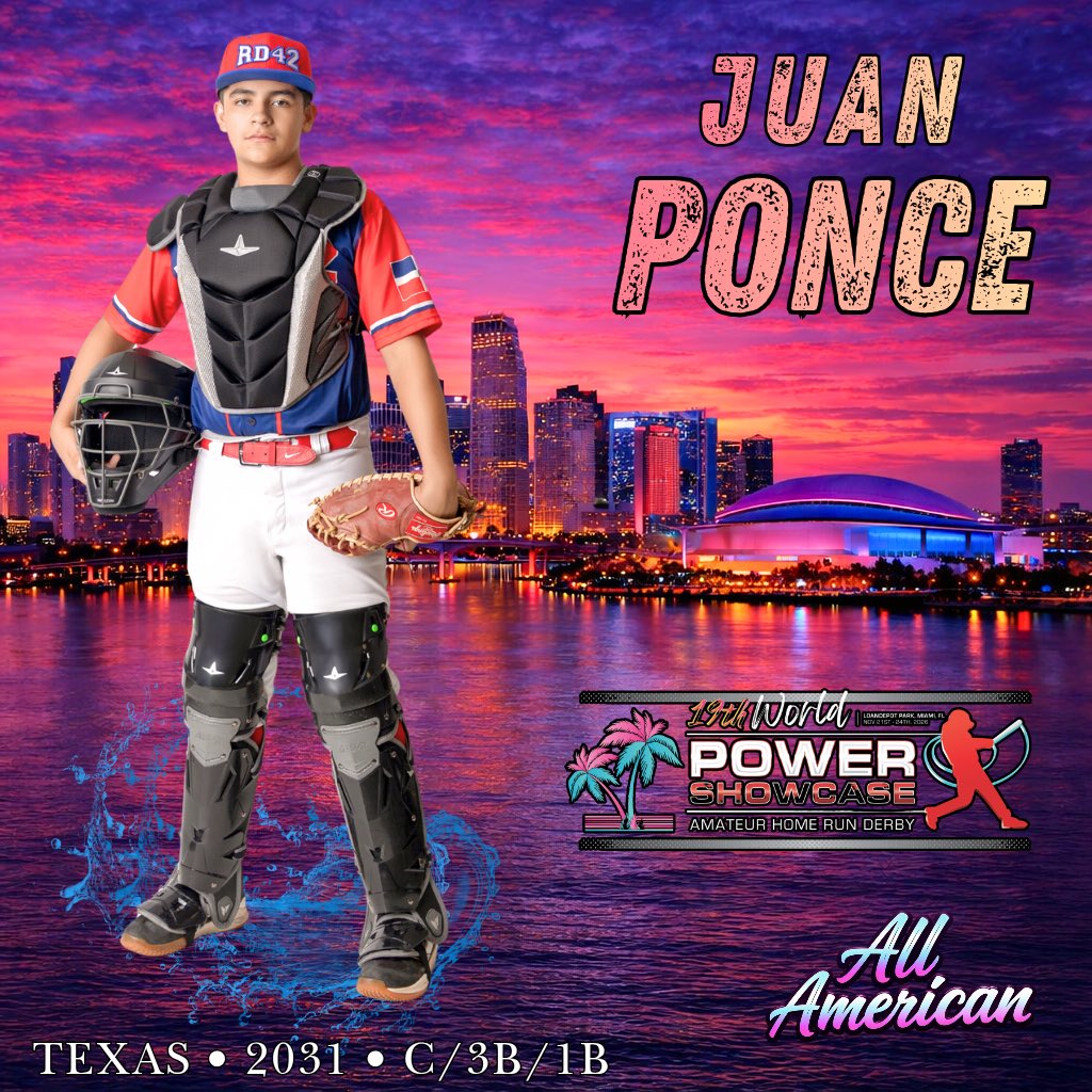 PowerShowcase's tweet photo. The 19th Annual World POWER SHOWCASE is pleased to announce that ‘32 Juan Ponce (Central M.S., Weslaco, TX) C/3B/1B - Student-Athlete & ascending National Power-Hitting prospect will proudly represent Texas in the renowned 13U Home Run Derby and during the prestigious Rookies All-American Classic Game. The event is being held at beautiful loanDepot Park, home to the Miami Marlins, from January 16th through the 18th. Congratulations, Juan ~ You are a POWER SHOWCASE All-American. Stay tuned to see who’s next! #powershowcase #bombsaway #miamimoonshots #southbeachsluggers⚾️ ⚾️