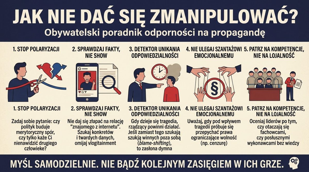 neosedziatuleye's tweet photo. Kochani, zaskoczyło mnie po wczorajszym wpisie, że tak wielu z nas widzi to wszystko co dzieje się z naszym światem. Nasza Polska jest naszym światem.
Przez tyle czasu nikt nie zebrał tego w całość. Ja to robiłem od dwóch ostatnich lat. Wczoraj coś pękło.  
Dziękuje Wam za zauważenie. Do roboty:

W nawiązaniu do mojego wczorajszego wpisu, w którym rozłożyłem na czynniki pierwsze strategię premiera i to, jak cynicznie zrzuca odpowiedzialność za ataki w szkołach na weto prezydenta, czas na krok drugi. Sama diagnoza i krytyka to za mało. Musimy wiedzieć, jak się przed tym bronić na co dzień.
Zebrałem te mechanizmy w kilka prostych zasad. Przełożyłem naukowy żargon na nasze codzienne życie, dodałem konkretne przykłady. Przeczytajcie to, żeby nikt więcej nie robił nam wody z mózgu.

1. Zauważ, kiedy ktoś każe ci nienawidzić
Kiedy brakuje argumentów o gospodarce, dziurze budżetowej czy realnym bezpieczeństwie na ulicach, politycy próbują nas na siebie napuścić. Jak to wygląda w praktyce? Wyobraź sobie, że idziesz do szefa po podwyżkę albo zapytać, dlaczego firma przynosi straty. A szef zamiast odpowiedzieć, zaczyna ci opowiadać, że pracownicy z drugiego działu to idioci i że to oni chcą zniszczyć waszą pracę. Dokładnie to robi władza. Kiedy słyszysz, że oponent to wróg państwa i zło wcielone, to znak, że ktoś gra na twoich emocjach, żeby ukryć własną nieudolność. Nie wchodź w to.

2. Odróżniaj cyrk od rządzenia państwem
Ktoś z rządu nagrywa krótki filmik, jak biega z psem, albo rzuca luźnymi żarcikami zza domowego biurka w stylu youtubera. Wydaje się taki ludzki, prawda? Swój chłop. Tyle że to celowy, zimny zabieg. Chodzi o to, żebyś podświadomie poczuł, że to twój kumpel z internetu. A kumplowi wybacza się więcej. Kumpel nie musi stawać przed dziennikarzami na trudnych konferencjach i pocić się przy pytaniach o luki w prawie. Jeśli polityk unika trudnych pytań, a zamiast tego wrzuca virale do sieci, zapal czerwoną lampkę. Od bycia fajnym są influencerzy, premier ma zarządzać państwem.

3. Zdemaskuj szukanie kozła ofiarnego
Dzieje się tragedia, taka jak te koszmarne wydarzenia w szkołach z ostatnich dni. Co w takiej sytuacji robi dojrzała władza? Zwołuje sztab kryzysowy, sprawdza luki w policji, działa. A co my widzimy? Błyskawiczne szukanie winnego gdzie indziej – u prezydenta, w starych przepisach, w opozycji. To tak, jakby kierowca autobusu wjechał do rowu, a potem tłumaczył pasażerom, że to wina pieszego, który przeszedł na czerwonym świetle trzy kilometry wcześniej. Kto ma w rękach policję, służby, budżet i edukację, ten w pełni odpowiada za bezpieczeństwo. Koniec i kropka.

4. Uważaj na granie ludzkim dramatem
To absolutnie najgorszy, najbardziej makiaweliczny rodzaj manipulacji. Polityk bierze na sztandary świeżą ludzką tragedię i mówi: musicie nam pozwolić na blokowanie stron w internecie, bo inaczej krew kolejnych ofiar będzie na waszych rękach. To czysty szantaż emocjonalny. W strachu i złości przestajemy myśleć logicznie i jesteśmy w stanie oddać własną wolność obywatelską. Pytaj zawsze wprost: czy przepychanie takich ustaw na kolanie rozwiąże prawdziwy problem, czy po prostu urzędnicy dostaną do ręki potężne narzędzie do cenzury?

5. Patrz na kompetencje, a nie na potakiwanie
Liderzy bardzo często boją się silnych, niezależnych ekspertów we własnych szeregach. Mają paranoję, że ktoś taki mógłby urosnąć i im się sprzeciwić. Dlatego na stanowiska ministrów wsadzają ludzi często miernych, ale bezwzględnie lojalnych. Skutki widzimy na własne oczy. Przypomnijcie sobie zakaz zadawania prac domowych wprowadzony z dnia na dzień, który wywołał gigantyczny bałagan w szkołach, czy oderwane od rzeczywistości próby zmiany jadłospisów w stołówkach. Oceniajmy rządzących po tym, jak ich decyzje zderzają się z rzeczywistością, a nie po tym, jak głośno klaszczą swojemu szefowi.
Myślmy samodzielnie i patrzmy im na ręce. Nie dajmy się wciągnąć w ich przepychanki i traktować jak darmowy elektorat do napędzania internetowych zasięgów. 🇵🇱
