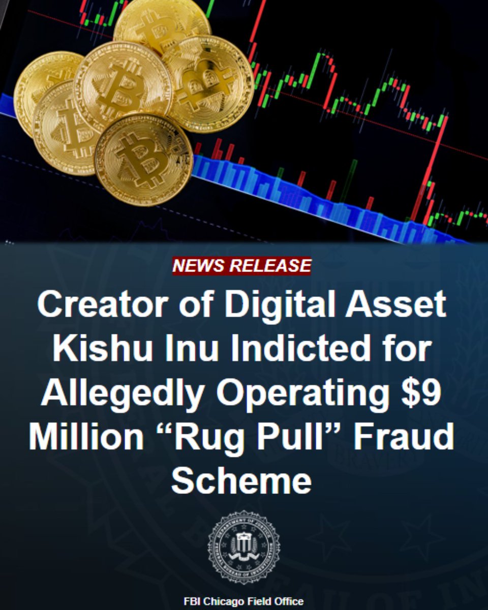 FBIChicago's tweet photo. 🚨#INDICTMENT: Alexander Sisemore, founder and creator of the digital asset Kishu Inu, has been indicted in federal court in Chicago for allegedly operating a $9 million “rug pull” fraud scheme through alleged misrepresentations and falsehoods made to investors on social media applications, including Telegram, Twitter, Facebook, and Reddit. 

The scheme: Sisemore and others allegedly made materially false statements to investors in order to maintain Kishu Inu’s liquidity and increase its price in the cryptocurrency market while surreptitiously selling a large quantity of its tokens that were allocated to the founders at the time the asset was created. To read more about this case, please visit: https://t.co/nQOu1mnSsf. #FBIChicago continues to search for information related to this case and additional victims of the fraud scheme. The public is encouraged to submit information securely to the FBI at: https://t.co/jIc76yXzmc.

To learn more about cryptocurrency investment fraud and the FBI's commitment to disrupting, identifying, and holding scammers accountable, please visit this link: https://t.co/5e2BRY8tU3.

 https://t.co/j8JnhCSTku