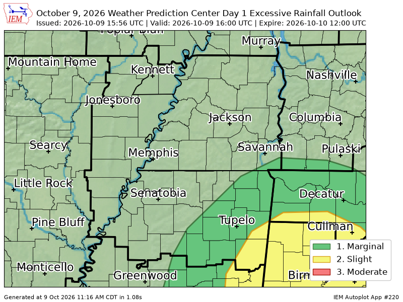 mem_weather's tweet photo. WPC issues Day 1 Slight Risk Excessive Rainfall Outlook at Oct 9, 15:56z for MEG https://t.co/mErsQOiTql https://t.co/TzNmCM8J6p