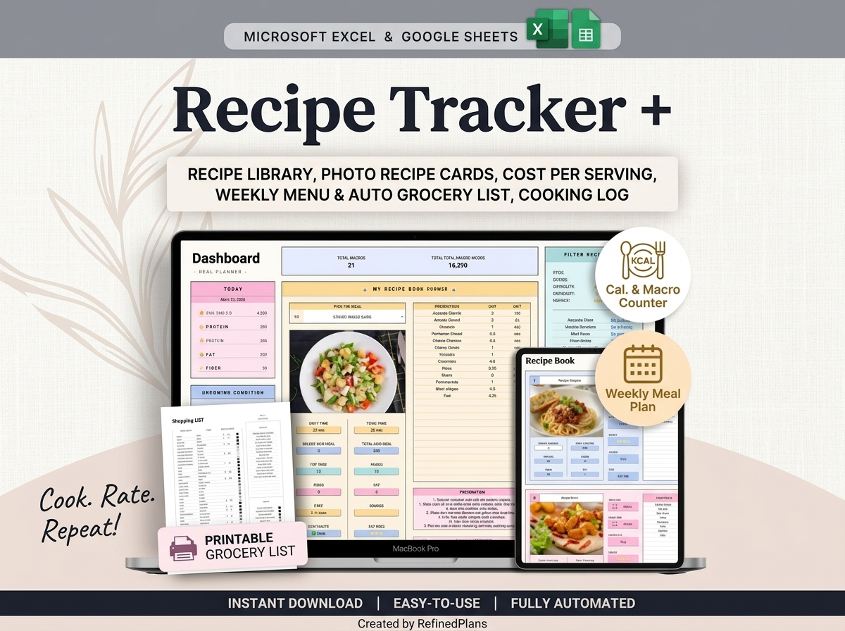 FormalAscent's tweet photo. 🍳 Ultimate Recipe Tracker Plus 📖✨
 Compatible with Google Sheets and Excel, this template features photo recipe cards, cost-per-serving calculations, weekly menu planning, automated grocery lists, and calorie/macro counters.   

👉https://t.co/P4uFIzKYJ5 https://t.co/dMB2g1k4UB
