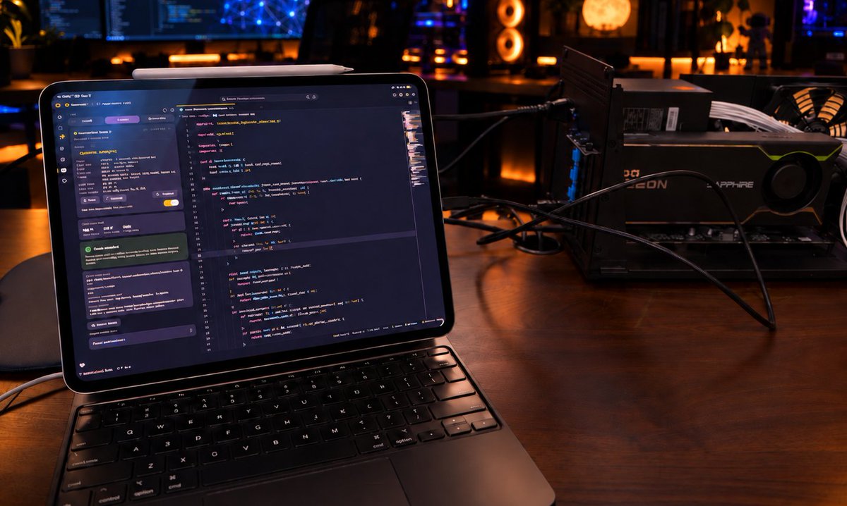 TeksEdge's tweet photo. This iPad Pro + Thunderbolt R9700 is running Qwen3.8-27B at 158.5 tps.

Yes… an iPad.

The trick
🎮 32GB Radeon AI PRO R9700
🔌 Thunderbolt eGPU enclosure
📱 iPad Pro running LemonSeed Studio
🧠 Qwen3.8-27B Q4
📚 131K context

And the speed progression is kind of ridiculous
🐌 baseline → 31.2 tps
⚡ MTP3 → 108.7 tps
🚀 DFlash2 → 158.5 tps

Prefill:
📥 4K → 1,636 tps
📥 32K → 1,395 tps

LemonSeed actually runs the AMD GPU on iPadOS.
It embeds the upstream Linux amdgpu + amdkfd driver as an iPad PCIDriverKit extension, then runs its inference engine on the R9700.

Same engine for 🐧 Linux | 🍎 macOS | 📱 iPadOS

Same R9700 on macOS reaches 159.4 tps, so the iPadOS result is basically right there with the Mac.

⚠️ Obviously, the iPad's own GPU isn't doing the 159 tps.

The iPad is hosting a 32GB desktop AMD GPU over Thunderbolt.

🔗 Link in ALT.