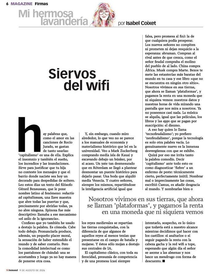 virginiog's tweet photo. Vivimos bajo un nuevo neofeudalismo digital  

Los magnates tecnológicos son los nuevos señores feudales y nosotros, siervos que pagamos renta con nuestros datos y atención

Isabel Coixet nos hace surgir una pregunta 
¿vamos a tomar el control de nuestras vidas? https://t.co/IXXMf1qVhv