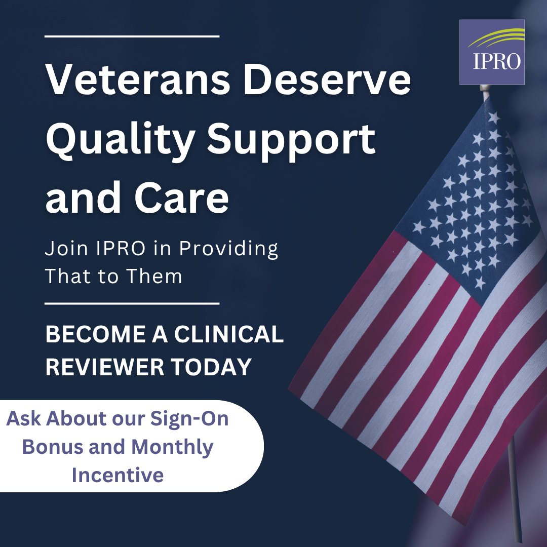IPROorg's tweet photo. Do you have a passion for healthcare and a calling to help our nation's veterans and other vulnerable patients?

If you do, take a closer look at our Clinical Reviewer opportunities.

Learn more by visiting https://t.co/kZTPRTHKNo or by calling (888) 404-6285.

#Veterans https://t.co/jq3XYriaXz