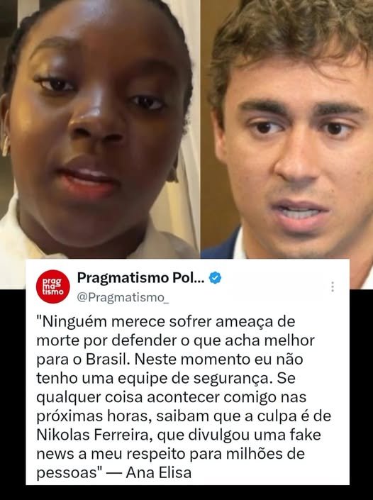 D7353162Santos's tweet photo. Nikolas Ferreira é um COVARDE! 
O deputado divulgou para milhões de pessoas uma informação falsa sobre Ana Elisa, que agora denuncia estar sofrendo ainda mais ameaças de morte e de estupro. Ela sequer tomou posse como deputada e já relata viver sob sério risco, sem contar com uma equipe de segurança. A jovem deixou claro que responsabiliza Nikolas caso alguma coisa aconteça com ela.
Nikolas obviamente apagou a publicação e vai fingir que não sabia que era mentira, exatamente como fez no episódio do relatório falso atribuído à POLÍCIA FEDERAL. Enquanto não houver punição, essa prática continuará se repetindo.