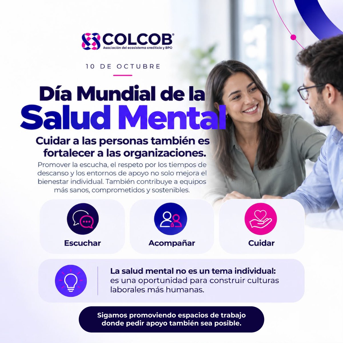 Colcob_Colombia's tweet photo. 🧠💙 10 de octubre | Día Mundial de la Salud Mental

Escuchar, acompañar y promover espacios de confianza contribuye al bienestar de las personas y al fortalecimiento de los equipos.

💜 Cuidar a las personas también es fortalecer a las organizaciones.

#SaludMental #COLCOB https://t.co/NAY3xGum0g