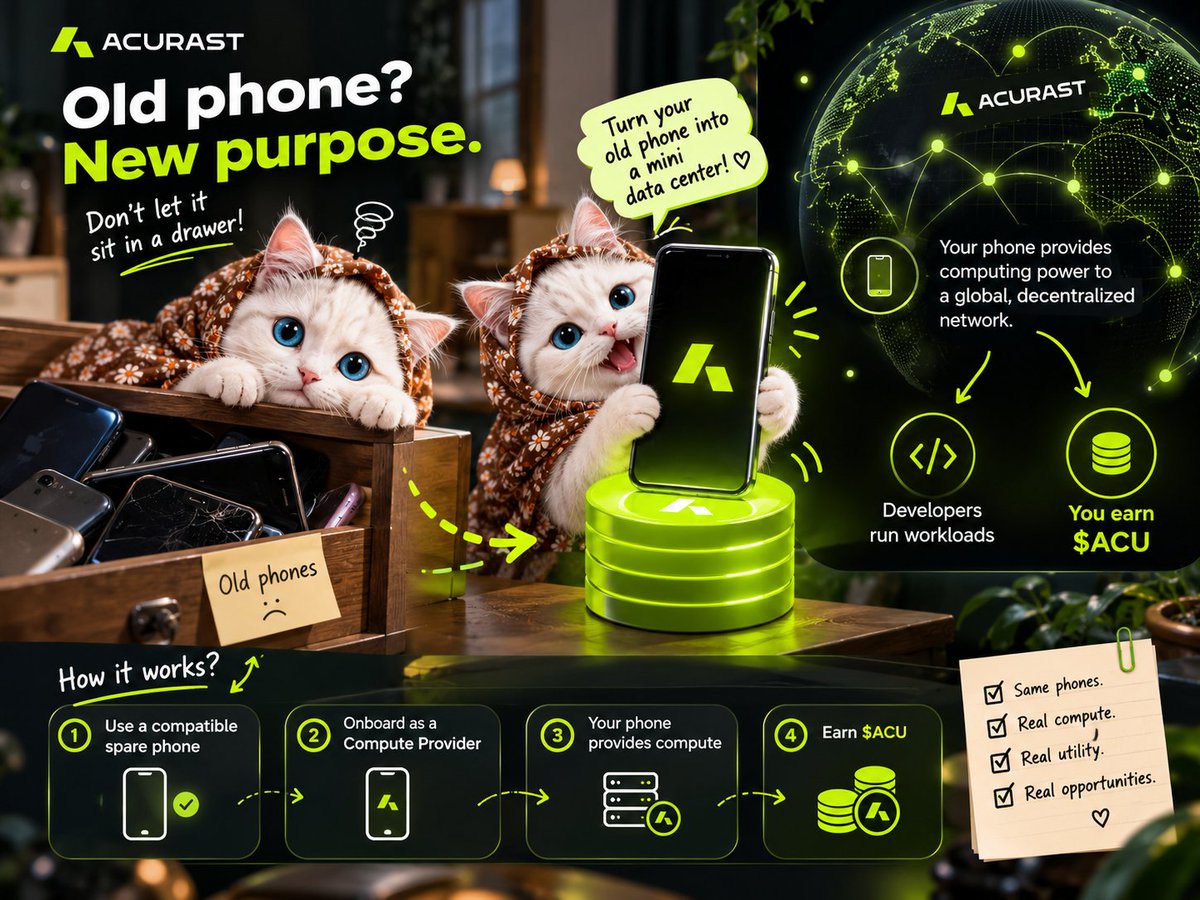 MyFurfolio's tweet photo. I always thought old phones had only two futures:

either sit in a drawer forever
or get sold for almost nothing 😭

Then I came across @Acurast and realized there’s actually a third option I had never thought about.

Your phone can become part of a decentralized cloud.

Acurast lets smartphones provide computing power to a distributed network, so developers can run workloads without relying only on traditional data centers.

And the person providing that compute can earn $ACU.

What made this interesting to me is that we keep hearing about how much more computing power AI, apps and Web3 will need...

while so many perfectly capable phones are literally sitting unused in people’s drawers.

Acurast is basically looking at that unused hardware and saying:

why not turn it into compute?

You can even onboard a compatible spare phone as a Compute Provider and let it contribute processing power to the network.

I genuinely never thought I’d look at an old phone and think “mini data center” 😂

But now I kind of do.

@Acurast #DePIN #Web3
