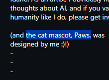 vamporski's tweet photo. GENNY
We have been looking so long for the ANTI-AI MASCOT

PAUSE-AI (the charity we ALWAYS run) JUST posted a cat mascot on their insta WITH NAME 
PAWS

This could run really high as our official anti ai/si mascot.

Their official insta, link on their web:
https://t.co/vV76ndyJy2 https://t.co/Eg0lv9yr6k