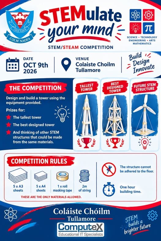 offalycoco's tweet photo. 👷‍♂️👩‍💻 Celebrating engineering in all its forms! Offaly County Council was proud to support the STEMulate Your Mind 2026 Tower Building Challenge. 🏗️ Congrats to Geashill NS, whose winning tower reached 3.25m! Inspiring the next generation of engineers and innovators. 🚀 #STEM https://t.co/gUSoN0ge9b