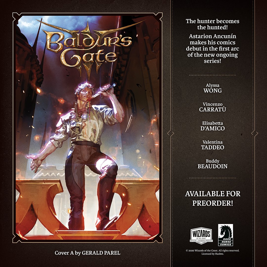 DarkHorseComics's tweet photo. NEWS 🚨: A brand new Baldur’s Gate 3 comic series, featuring fan-favorite Astarion, hits comic shops on February 24th! Learn more: https://t.co/DiluCus42f

Following the events of the game, Waterdeep is rocked by a spree of gruesome ritual murders– and Astarion must hunt for the killer before he becomes their next victim!

By @crashwong, @carratu_art, @ElisabettaDAm12, @Valentinataddi, and Buddy Beaudoin. With cover from @GeraldParel. With @Wizards_DnD