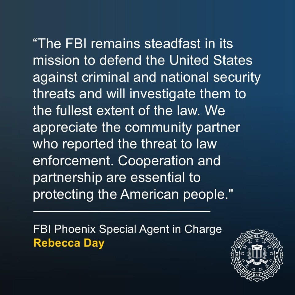 FBIPhoenix's tweet photo. Tucson Man Criminally Charged for Bomb Threat Against the White House

Jacob Aaron Hicks, 46, of Tucson, was arrested yesterday and charged by criminal complaint with Making an Interstate Threat to Injure. Hicks is accused of sending an email on Sep.23, 2026, threatening to commit mass bombings at the White House and around the Washington, D.C. area.

https://t.co/f8PBYmak0h