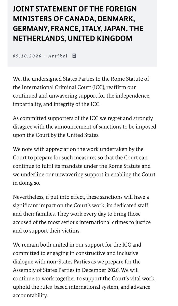 rgoodlaw's tweet photo. JOINT STATEMENT OF THE FOREIGN MINISTERS OF CANADA, DENMARK, GERMANY, FRANCE, ITALY, JAPAN, THE NETHERLANDS, UNITED KINGDOM

"As committed supporters of the ICC we regret and strongly disagree with the announcement of sanctions to be imposed upon the Court by the United States." https://t.co/eM44JbQ4NZ