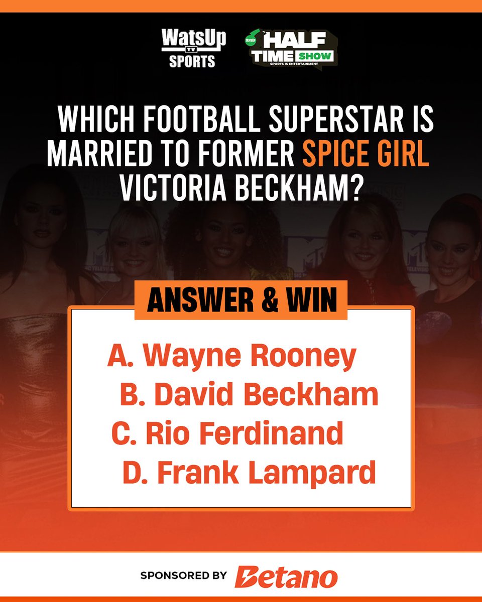 WatsUpTVNews's tweet photo. Which football superstar is married to former Spice Girl Victoria Beckham?
A. Wayne Rooney
B. David Beckham
C. Rio Ferdinand
D. Frank Lampard
Drop your answer in the comments! π
Sponsored by @Betano_Ghana
#WatsUpTV #DatsWatsUp #WatsUpSports #halftimeshow #football https://t.co/8Ug93CrNpa