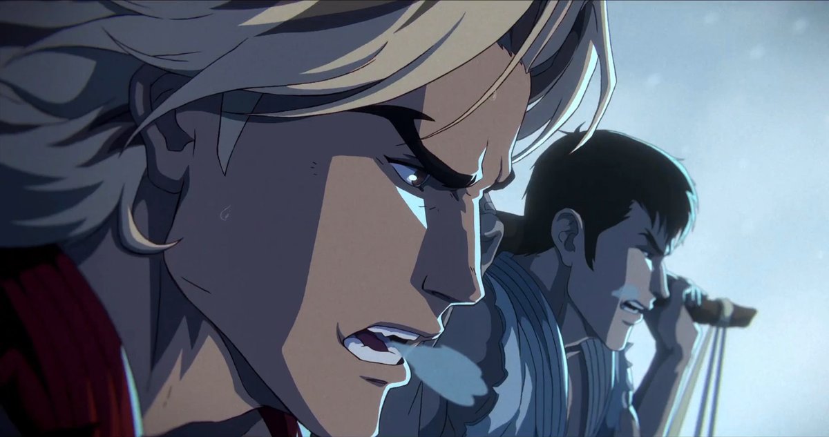 A blonde-haired fighter exhales sharply in profile view, while a dark-haired opponent readies himself in the background during a tense standoff. This dynamic 2D animated sequence from the Street Fighter live-action film captures the stylized, hand-drawn intensity that Titmouse Studio brought to the movie's combat scenes.