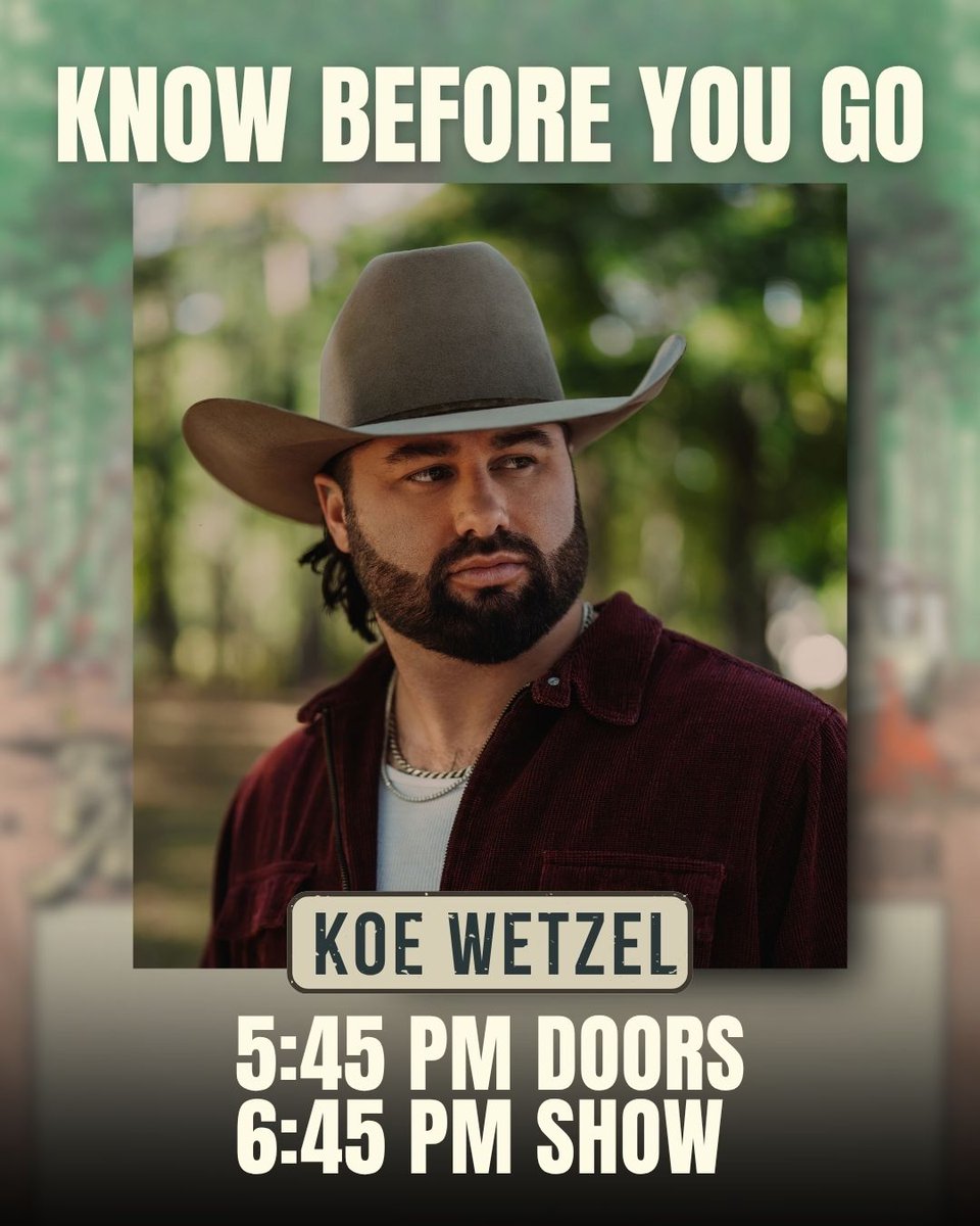 FishersEventCtr's tweet photo. @KoeWetzel is taking the stage tonight with Logan Jahnke, Bayker Blankenship, + Corey Kent! See you tonight!

🚪Doors @ 5:45 pm
👀Show @ 6:45 pm
🚗Pre-purchase parking
💳Cashless Venue
👜Clear bag policy

🎟️Limited tickets are available: https://t.co/VNTFPw7Hoq https://t.co/nPzROW4YAI