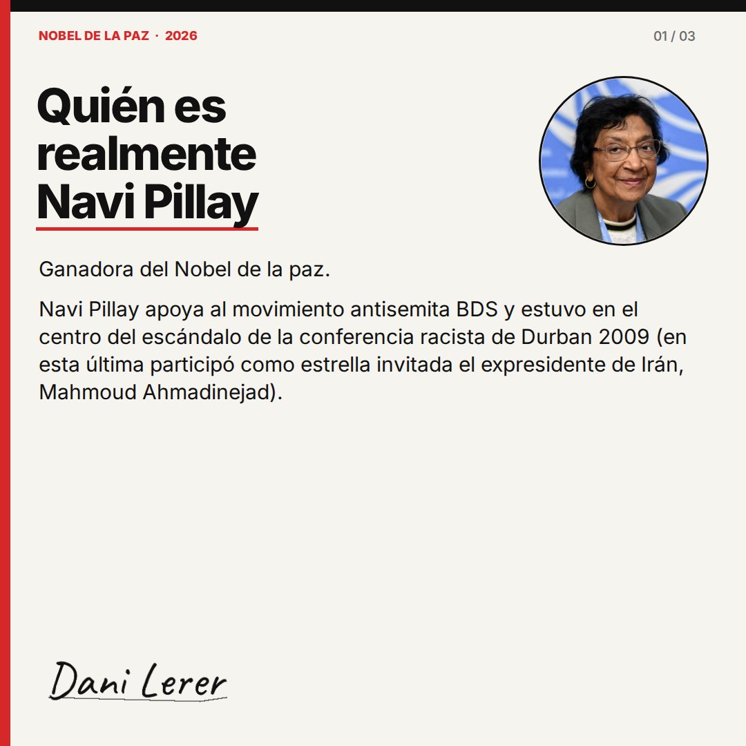 danilerer's tweet photo. Quién es realmente Navi Pillay, ganadora del Nobel de la paz:

- Navi Pillay apoya al movimento antisemita BDS y estuvo en el centro del escándalo de la conferencia racista de Durban 2009 (en esta última participó como estrella invitada el expresidente de Irán, Mahmoud Almadineyad).

- La conferencia de 2009, organizada por Pilley, fue uno de los mayores escándalos de la historia de la ONU y tuvo como únicos objetivos legitimar el antisemitismo y ocultar bajo la alfombra los crímenes de odio contra la población LGBT. Eso llevó a que varios países occidentales la boicotearan.

- Pillay defendió el levantamiento de las sanciones internacionales contra Robert Mugabe, dictador de Zimbabwe y violador serial de los derechos humanos.

Que no te tomen por boludo.