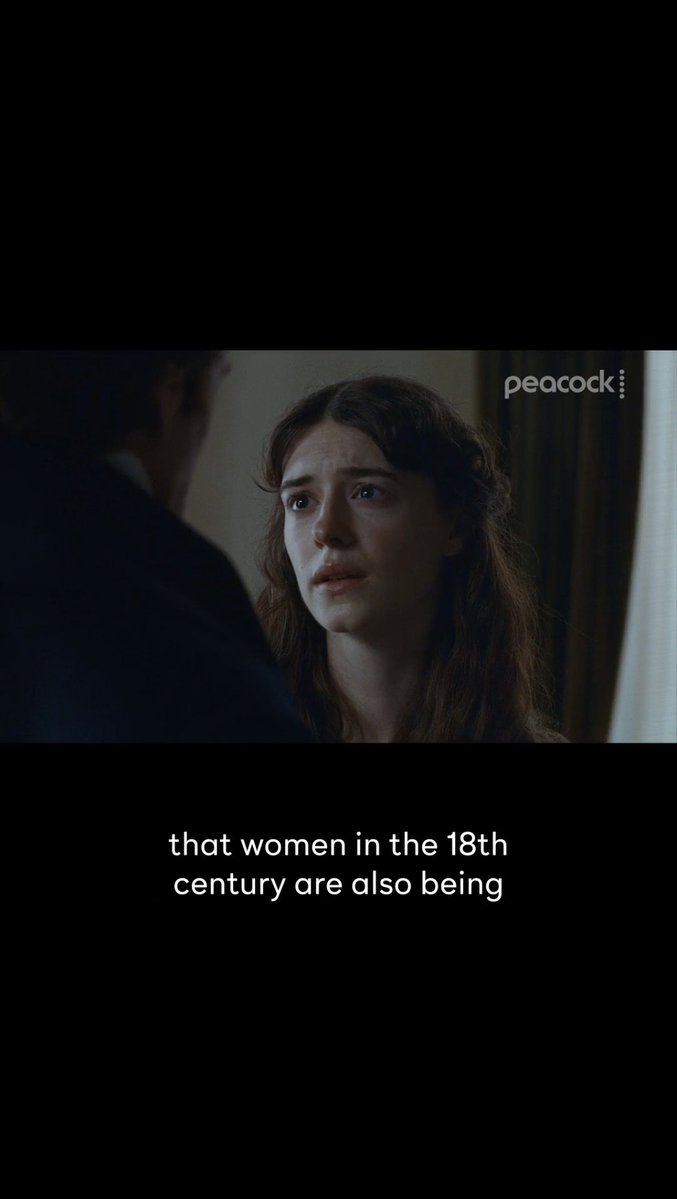 A young woman with tousled brown hair gazes up at a man with tearful, wide eyes against a muted background, with captions reading "that women in the 18th century are also being" and the Peacock logo visible in the upper right. The image illustrates the emotional turmoil of 18th-century romance, tying into the post's observation about timeless dating dynamics in *Sense and Sensibility*.