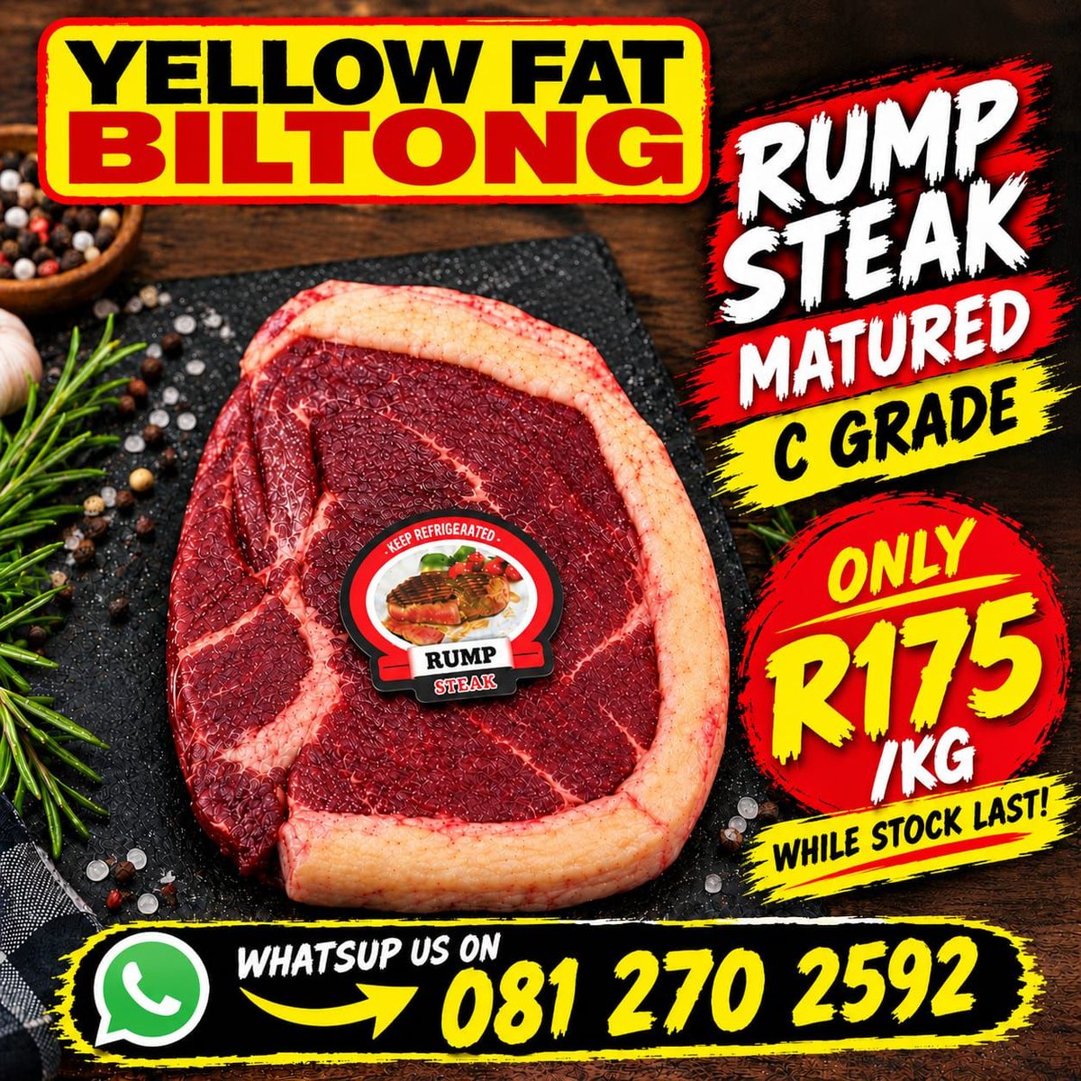 allin1ads's tweet photo. 🥩 MAGALIESKRUIN! 🔥 Treat yourself to premium matured rump steak at just R175/kg! Perfect for the braai — tender, flavourful &amp; packed with quality. 🥩🔥

📍 Yellow Fat Biltong – Magalieskruin
📲 WhatsApp us: 081 270 2592
 https://t.co/EHCZl4OiDy
https://t.co/6H0MHiV4PY https://t.co/NmLV6CSSiz