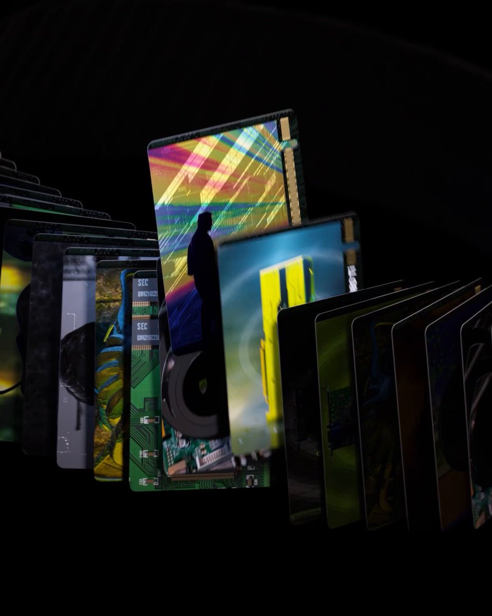 An artistic image showing layered, fanned-out cards or panels with colorful artwork, including a silhouette of a person, against a dark background.
