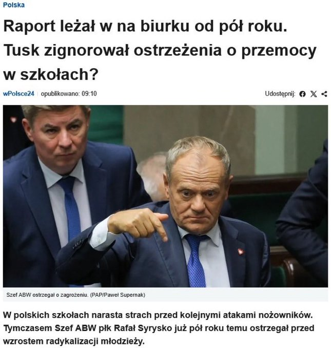 ZofiaRomano's tweet photo. @donaldtusk Szef ABW płk R. Syrysko już pół roku temu ostrzegał przed wzrostem radykalizacji młodzieży i eskalacji zachowań przemocowych.
Od pół roku Tusk, Nowacka, Żurek, Kierwiński o tym wiedzieli z raportu ABW.
Nic w tym temacie nie zrobili.
Na czele z Tuskiem ponoszą odpowiedzialność. https://t.co/oimlvFKKvt