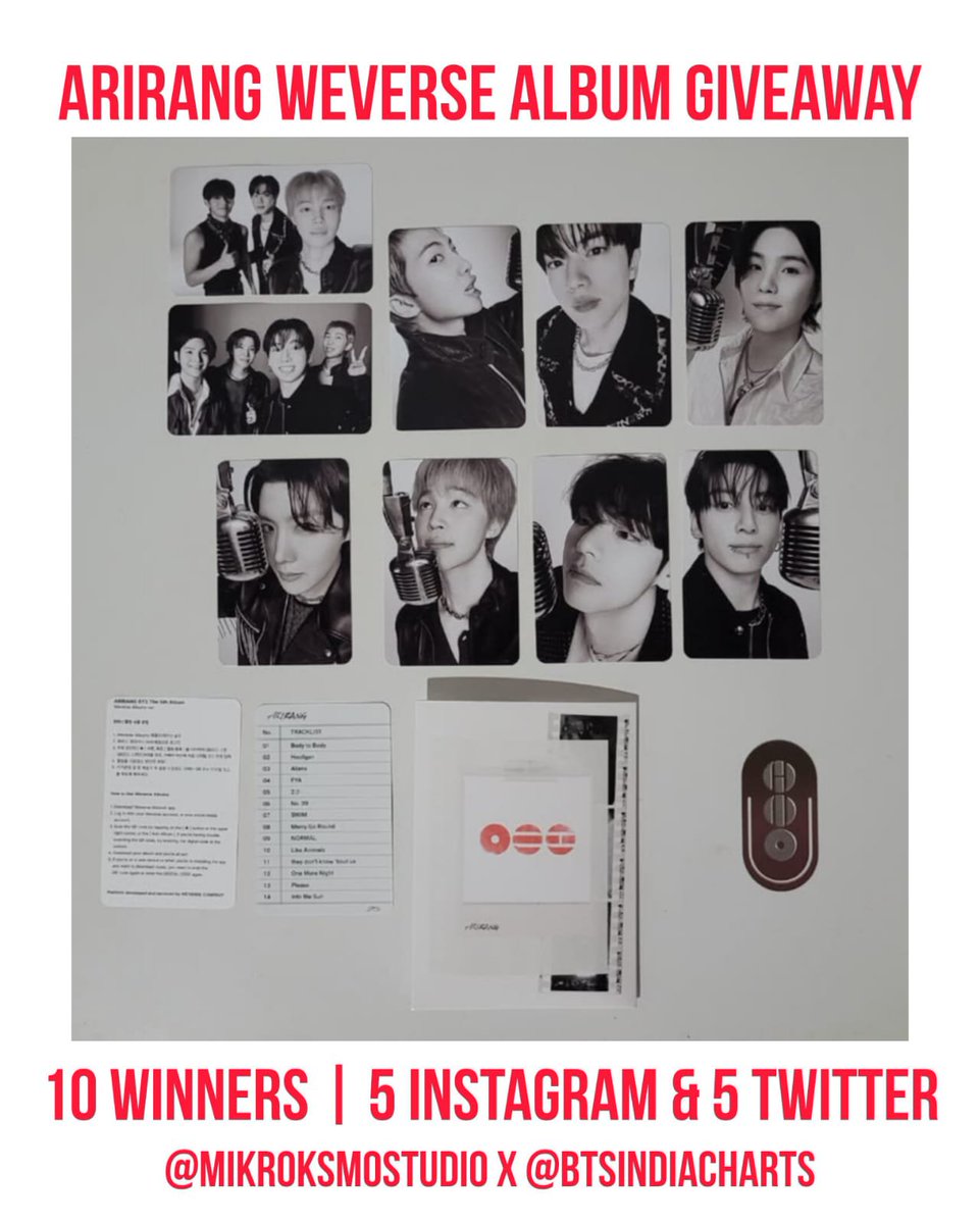Mikroksmostudio's tweet photo. 10 Weverse Arirang Albums GA

5 winners on IG and 5 on X

Sponsored by @/Explorer1254

Ends on 16/10/26 BCD Time.

Rules:

• Indian Armys 🇮🇳 only
• Complete BCD level 2 daily and post proof in a thread ONLY.
• Follow @Mikroksmostudio and @BTSIndiaCharts and reshare this post. https://t.co/IoHvtToEHL