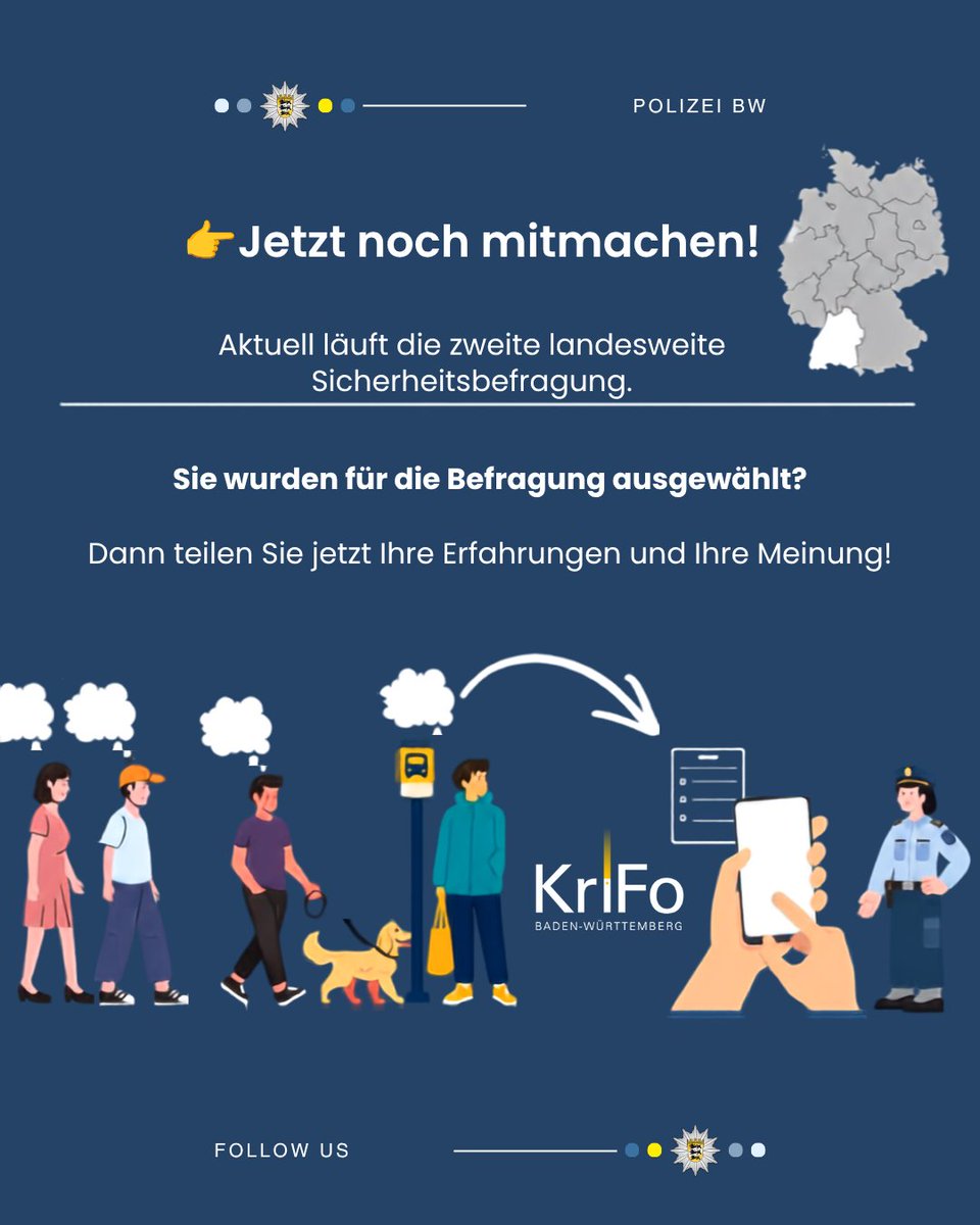 PolizeiMannheim's tweet photo. 📣Jetzt teilnehmen!
Die zweite landesweite Sicherheitsbefragung in BW läuft bis Ende Oktober. ⏳
Sie wurden ausgewählt &amp; haben noch nicht mitgemacht?
Dann nutzen Sie jetzt die Gelegenheit, Ihre Erfahrungen und Ihre persönliche Meinung zur Sicherheit zu teilen.
#KriFoBW #PolizeiBW https://t.co/9dMQj2py6F