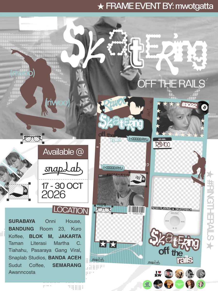 so0nagi's tweet photo. SKATERING: Off The Rails 🛹

BOYNEXTDOOR RIWOO's BIRTHDAY PHOTOFRAME EVENT
by @mwotgatta [on x]

🗓 2 oct - 8 nov 2026 (details on poster)
🚏 snaplab, ourstudio, sukhakala

Snap your moment with #RINGTHERAILS 🛹 https://t.co/3NWZ4fQ1c8