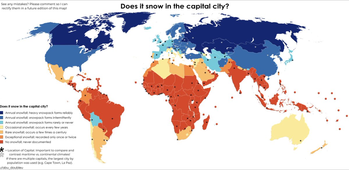JoshuaBarzon's tweet photo. A map showing which capital cities around the world receive snow. https://t.co/Ku2UE6OTow