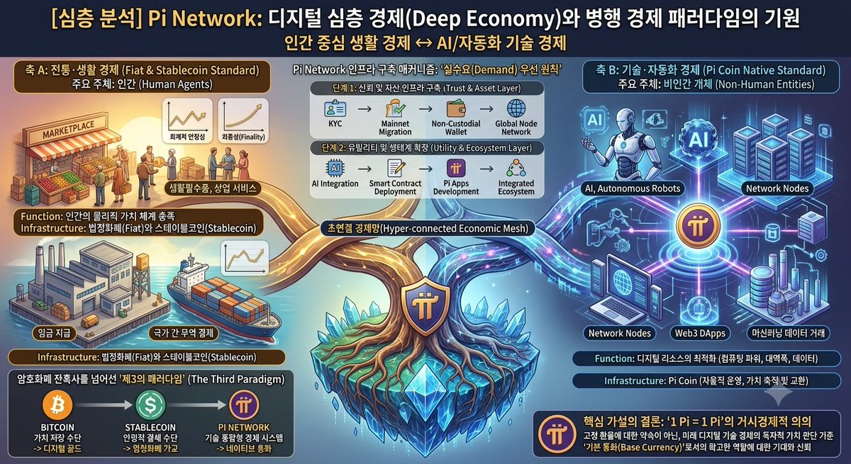 WHOLESSCOIN's tweet photo. [심층 분석] Pi Network: 디지털 심층 경제(Deep Economy)와 병행 경제 패러다임의 기원

최근 블록체인 씬(Scene)에서 가장 주목받는 화두는 단순한 가격 변동성이 아닙니다. 그것은 '크립토가 실물 경제 및 미래 기술 생태계와 어떻게 유기적으로 결합할 것인가'에 대한 근본적인 아키텍처 문제입니다.

이 관점에서 Pi Network가 제시하는 로드맵은 단순한 화폐 생성을 넘어, '인간 중심의 생활 경제'와 'AI/자동화 중심의 기술 경제'가 상호 보완적으로 공존하는 '병행 경제(Parallel Economy)'의 청사진을 보여주고 있습니다.

저희 전문가 그룹은 Pi Network의 이 새로운 거시경제적 해석을 4가지 핵심 축으로 정리했습니다.

1. 이중화된 병행 경제 아키텍처 (Dual-Stream Economy Architecture)

미래 경제는 단일 통화 시스템이 통제하는 구조가 아닙니다. 가치 창출의 주체와 목적에 따라 두 개의 핵심 축이 병행하며 확장되는 형태가 될 것입니다.

축 A: 전통·생활 경제 (Fiat & Stablecoin Standard)

Core Actor: 인간 (Human Agents)

Function: 인간의 물리적 가치 체계 충족 (생활필수품, 상업 서비스, 임금 지급, 국가 간 무역 결제)

Infrastructure: 법정화폐(Fiat)와 블록체인을 연결하는 스테이블코인(Stablecoin). 이는 거래의 즉각적인 최종성(Finality)과 회계적 안정성을 보장하며 실물 경제 운용의 표준으로 작용합니다.

축 B: 기술·자동화 경제 (Pi Coin Native Standard)

Core Actor: 비인간 개체 (AI, Autonomous Robots, Network Nodes, Web3 DApps, Automated Systems)

Function: 디지털 리소스의 최적화 (컴퓨팅 파워 연산, 대역폭 할당, 머신러닝 데이터 거래, 시스템 간 자동화 가치 교환)

Infrastructure: Pi Coin. 인위적인 고정 가격이나 외부 환율에 종속되지 않고, 기술 생태계 내부의 수요와 공급에 의해 자율적으로 운영되는 '네이티브 가치 축적 및 교환 통화'입니다.

2. Pi Network의 인프라 구축 매커니즘: '실수요(Demand) 우선 원칙'

Pi Network가 수년에 걸쳐 진행해 온 단계별 구축 과정은 단순한 개발 로드맵이 아닙니다. 이는 기술 경제 생태계를 작동시키기 위한 필연적인 기초 공사(Foundational Engineering)였습니다.

단계 1: 신뢰 및 자산 인프라 구축 (Trust & Asset Layer)

KYC → Mainnet Migration → Non-Custodial Wallet → Global Node Network

이는 기술 경제의 주체들이 안전하게 가치를 주고받을 수 있는 '신뢰할 수 있는 분산 환경'을 조성하는 과정입니다.

단계 2: 유틸리티 및 생태계 확장 (Utility & Ecosystem Layer)

AI Integration → Smart Contract Deployment → Pi Apps Development → Integrated Ecosystem

네트워크의 기술적 완성도를 높이고, 실제로 코인이 사용될 서비스 환경을 구축하는 단계입니다.

전문가의 통찰: Pi Network의 핵심 지향점은 단순히 가격 변동성이 적은 스테이블코인이 되는 것이 아닙니다. 인간과 AI/기계가 '실제로 사용하고 작동할 수 있는 거대한 경제 규모(Market Demand)' 그 자체를 형성하는 것입니다. 가치는 인위적 증명이 아닌, 생태계 내의 강력한 유틸리티에서 발생합니다.

3. 암호화폐 잔혹사를 넘어선 '제3의 패러다임' (The Third Paradigm)

암호화폐 시장의 역사적 흐름 속에서 Pi Network는 기존 프로젝트들과 궤를 달리하는 독창적인 방향성을 제시합니다.

BITCOIN: 암호화폐 시대의 개막. 디지털 골드로서의 '가치 저장 수단(Store of Value)'에 집중.

STABLECOIN: 블록체인과 전통 법정화폐의 가교. '안정적 결제 수단(Medium of Exchange)' 역할 수행.

PI NETWORK: 이 두 가지를 넘어, '인간, AI, 로봇, 애플리케이션이 공존하는 기술 통합형 경제 시스템(Techno-Integrated Economic System)'의 네이티브 통화를 지향합니다.

4. 핵심 가설의 결론: '1 Pi = 1 Pi'의 거시경제적 의의

우리가 흔히 쓰는 "1 Pi = 1 Pi"라는 슬로건은 단순한 커뮤니티의 밈(Meme)이 아닙니다. 이는 크립토의 미래에 대한 강력한 전문가적 가설을 담고 있습니다.

"크립토의 본질적인 미래는 인간이 통화를 사고파는 투기적 매매(Speculative Trading)에 갇혀 있지 않다. 그것은 인간이 만든 기술 개체들이 스스로 가치를 창출하고, 서로에게 서비스를 제공하며 자율적으로 가치를 교환하는 '초연결 경제망(Hyper-connected Economic Mesh)'의 구축에 있다."

따라서 '1 Pi = 1 Pi'의 참된 의미는 다음과 같습니다.

이는 특정 법정화폐와의 고정 환율에 대한 약속이 아닙니다. 미래 디지털 기술 경제라는 새로운 영역에서 Pi 코인이 외부의 간섭 없이 독자적인 가치 체계를 유지하며 가치 판단의 기준이 되는 '기본 통화(Base Currency)'로서 확고한 역할을 수행할 것이라는 시장의 기대와 신뢰의 표현입니다.
