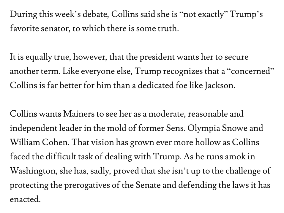 CollinsWatch's tweet photo. Longtime Susan Collins fan and Press Herald columnist @SteveCollinsSJ comes to the conclusion that she hasn't met the moment and isn't up to the job. #MEpolitics https://t.co/1YUQbfqG5v