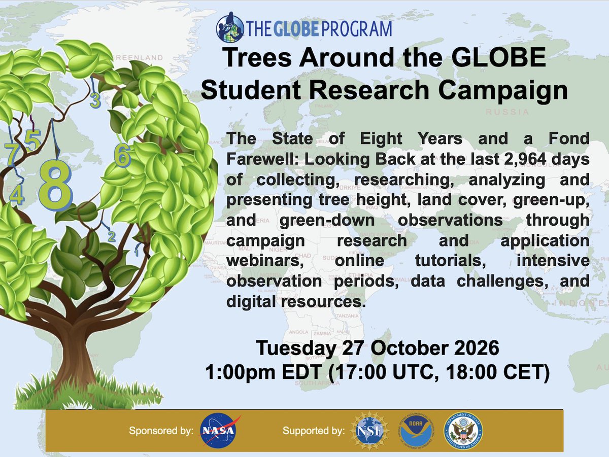 GLOBEProgram's tweet photo. "What an amazing project and process you have managed and mentored with this campaign. This has been transformative in my own professional development and awareness as well as data shared with students. Trees have become not just something I admire but cornerstones of my teaching.  I talk about the importance of trees all the time in classes and conversations.” – U.S. STEM Educator

Please join us in two weeks for the final Trees Around the GLOBE Campaign webinar, "The State of Eight Years and a Fond Farewell: Looking Back at the last 2,964 days of collecting, researching, analyzing and presenting tree height, land cover, green-up and green-down observations through campaign research and application webinars, online tutorials, intensive observation periods, data challenges, and digital resources.” Learn more at https://t.co/OBkZDnuFk8. We invite you to come with your thoughts on the campaign!