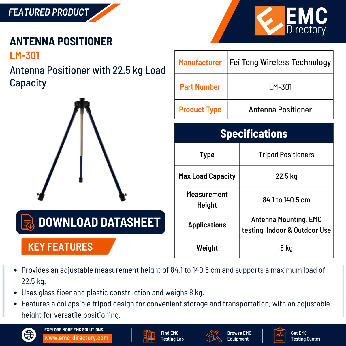emcdirectory's tweet photo. The LM-301 from Fei Teng Wireless is a heavy-duty, non-reflective antenna tripod/positioner designed for EMC, EMI, and RF testing applications.

Read more: https://t.co/dqujbkYmtd

#AntennaPositioner #AntennaTripod #EMCTesting #EMI #RFTesting #AnechoicChamber #TestEquipment https://t.co/nDR3ax1WJz