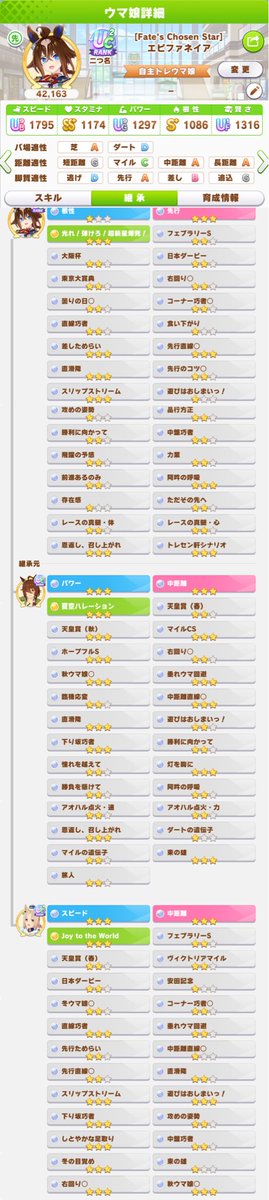 papashiki_7's tweet photo. 10月チャンミのエピファネイア側の因子も作ってみてます。直滑降と先行・差しためらい重要視してます。
良かったらフォローお願いします♪
因子周回ばっかりしてるので、本育成が疎かになりがちw
#ウマ娘 https://t.co/ODCGdNinJ6