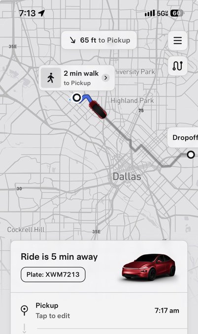 A smartphone ride-sharing app screen displaying a map of Dallas with pickup near Highland Park and a red car (plate XWM7213) 5 minutes away, scheduled to arrive at 7:17 am.