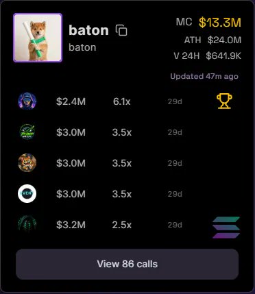 mwx_ai's tweet photo. 🐕 $BATON cluster caught early.

MWX Alpha caught it at $2.4M.
86 calls before $18.94M (7.9x).

• @AutorunAlert — $2.4M
• @PumpWatch1 — $3.0M
• @dexliveevent — $3.0M

Named after Pump’s own company. Not official. 
👇See what’s being tracked rn → https://t.co/UdLUkjGwTB https://t.co/muv98T7rbu