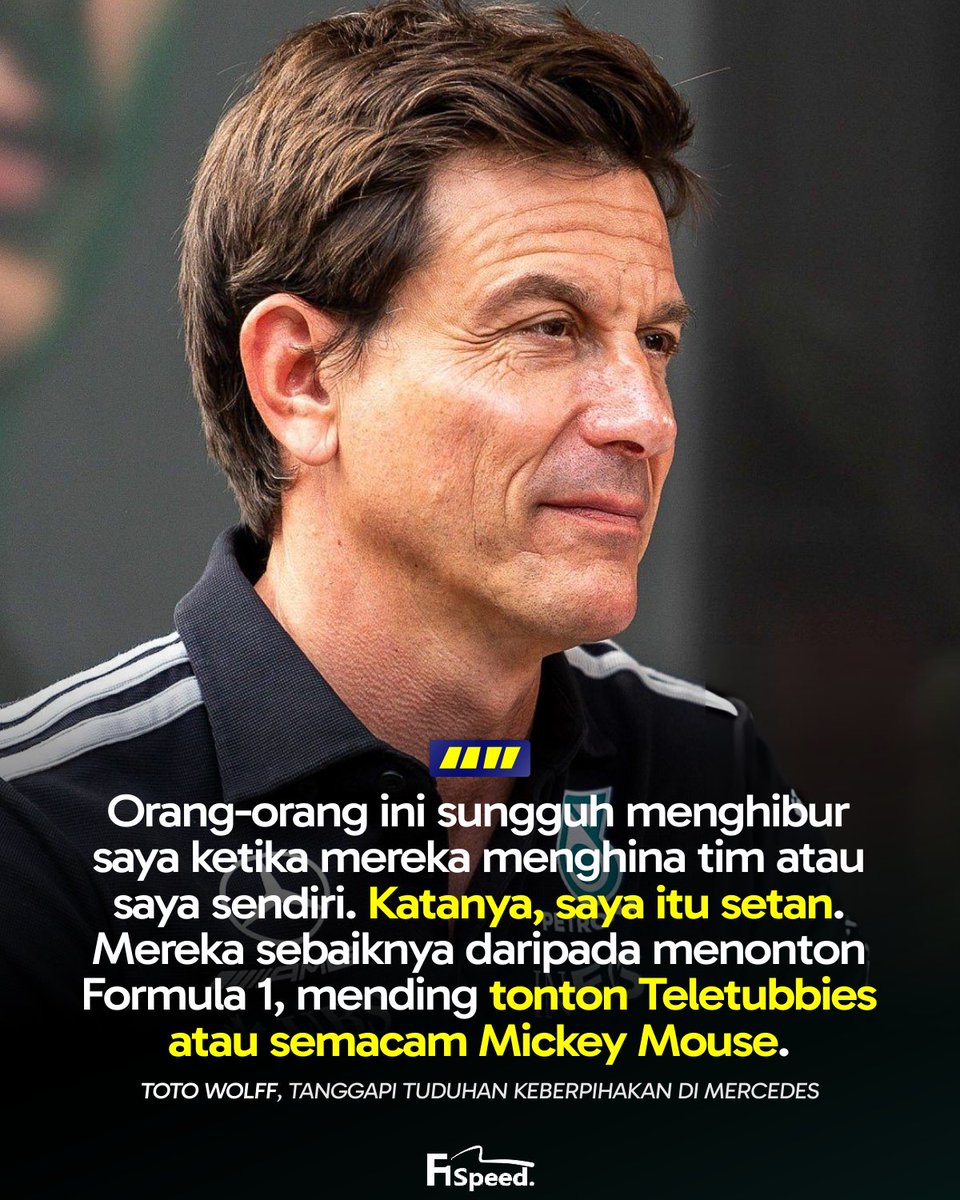 f1speed_indo's tweet photo. 🚨 Ditanya soal banyaknya komentar yang menuduhnya berpihak ke salah satu pembalap di Mercedes, Toto Wolff sebagai CEO & Tim Prinsipal coba berikan tanggapan.

🗣️: "Siapa pun yang berpikir seperti itu, mereka tidak punya otak. Tidak masuk akal, apakah mereka mengira saya punya tombol yang bertuliskan 'rusak mesin George sekarang' atau saya sengaja merugikan satu pembalap padahal kami sedang berjuang untuk gelar konstruktor?

"Orang-orang ini benar-benar menghibur saya ketika mereka menghina tim atau saya sendiri. Katanya, saya itu setan. Mereka sebaiknya daripada menonton F1, mending tonton Teletubbies atau semacam Mickey Mouse.

"Kami selalu punya pola pikir untuk menilai semua orang dengan material yang setara. Tapi saya kira, beginilah memang media sosial sekarang. Nol pemahaman dan nol rasa hormat bagi orang-orang yang mengarang hal-hal seperti ini."