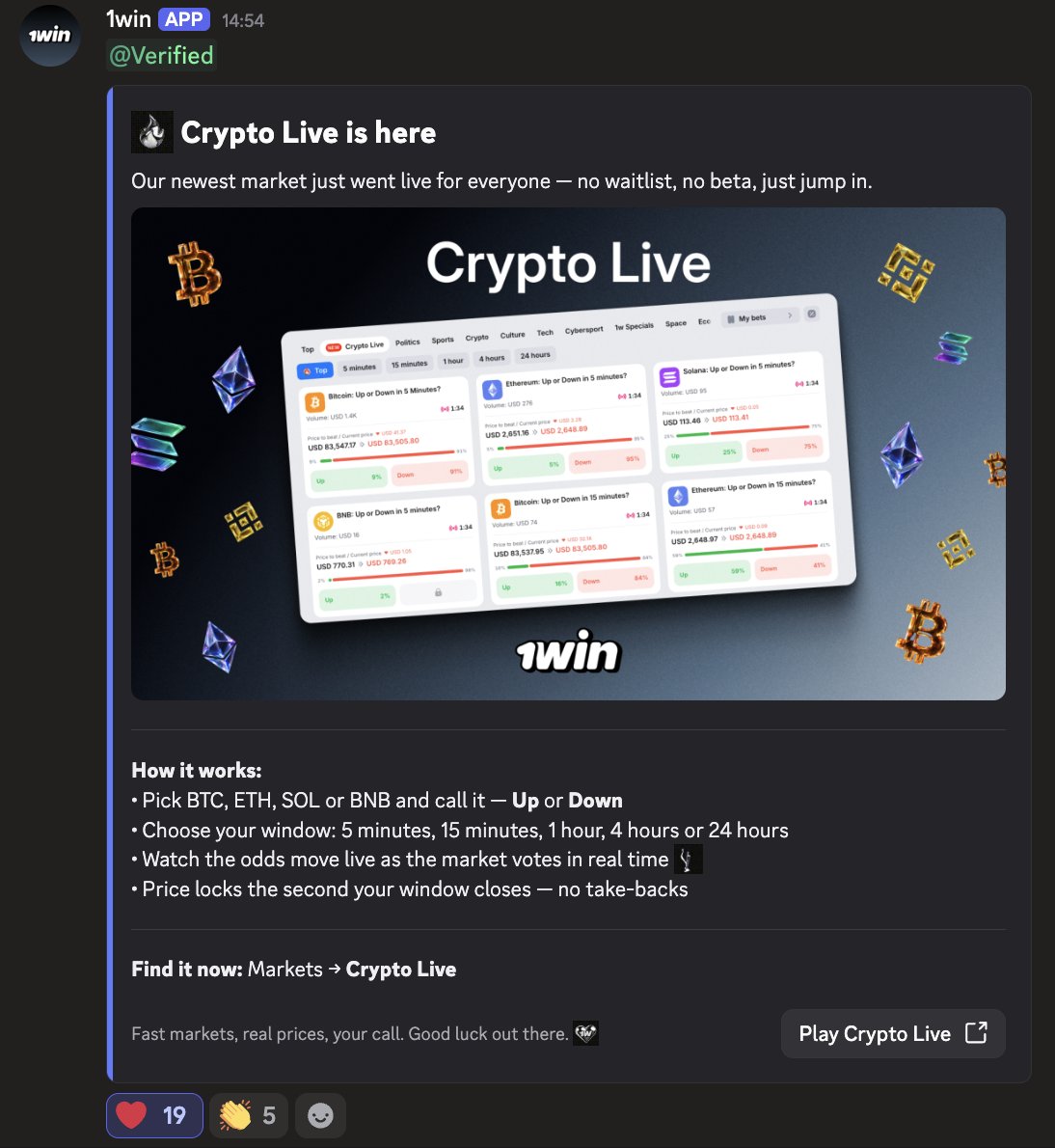 pavaardzzz's tweet photo. Look at that screenshot for a second. 96% of the room is on Up, so Down is paying around 5.4K on a 211 stake.

That's the whole game. Everyone smashes the safe green button while the fat payout sits quietly on the other side.

With @1win Crypto Live you pick a window from 5 minutes to 24 hours, call the direction, and the price locks the second time runs out. Just you and your gut, no excuses 😅

Would I fade 96% of the crowd? Depends how brave my coffee is today.