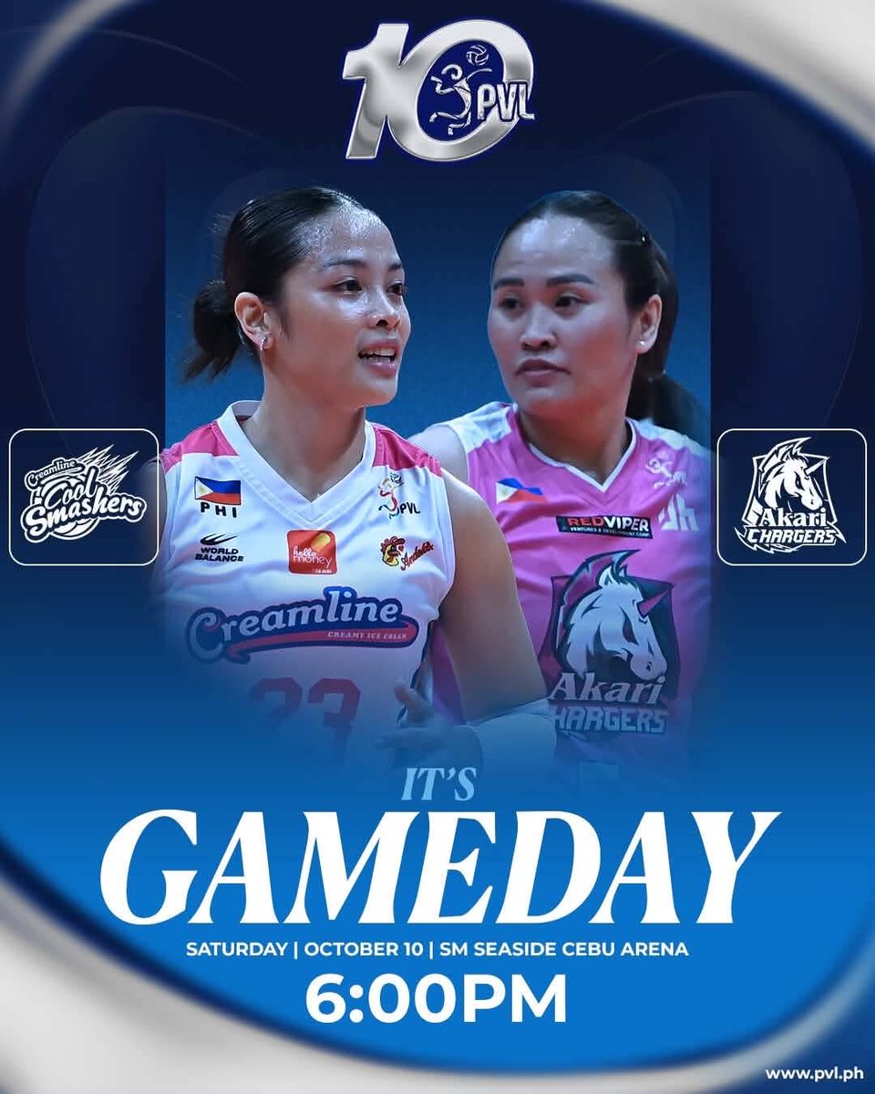 pvlph's tweet photo. COOL SMASHERS, CHARGERS IN ELECTRIFYING MAIN MATCH! 🏐

⚔️ : CREAMLINE 🍦 VS AKARI ⚡
🕕 : First serve is at 6:00 p.m.
🎟️ : https://t.co/IvDa5RQpGt

Watch the games live on:
📺 : One Sports | One Sports+
📲 : Pilipinas Live
🖥️ : https://t.co/ihdl9Qn3VC

#PVL10 https://t.co/aEIdAICPUt