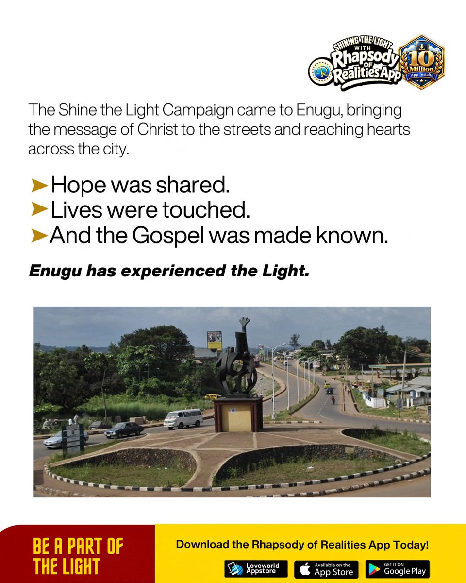 RhapsodyDaily's tweet photo. From the streets to the hearts of the people, the Shine the Light Campaign brought the message of Jesus to Enugu, sharing the hope, love, and truth found in Him.

Every heart reached is a reminder that the Gospel is for everyone, and the light of Christ is meant to shine everywhere.

Enugu has experienced the Light, and the light will keep shining! 

#rhapsodyofrealities #rhapsodyapp #pastorchris #dailydevotional #wordofgod