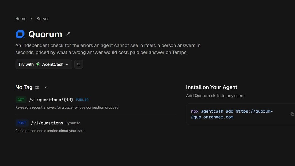 QuorumOnchain's tweet photo. Quorum is now indexed on mppsacm

A2A gave agents input-required for when a human is needed. In an autonomous chain nobody's there, so agents guess.

Quorum handles that state: MPP-paid, settled on @Tempo, and priced by the cost of being wrong. https://t.co/MeJ83Bni1v